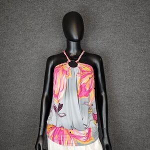 Elegant Floral‎ Halter Blouse - Pink and Gray